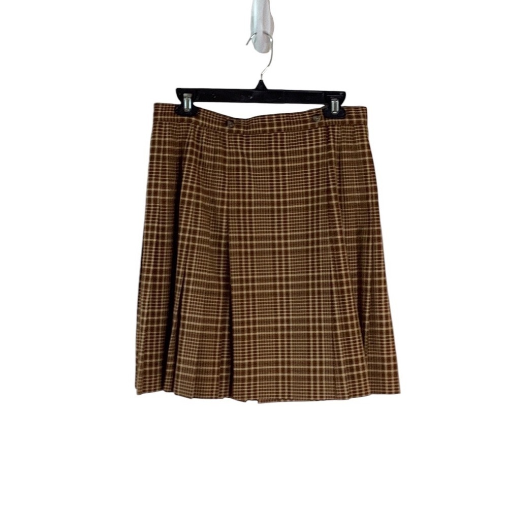 Liz Claiborne Brown/Beige Plaid Pleated Wrap Mini-Skirt Size 14